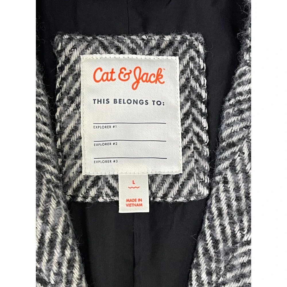 Cat & Jack Girls Black White Herringbone Overcoat Jacket Size L 10-12